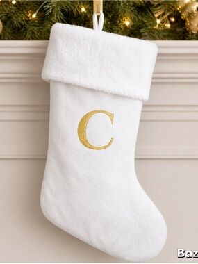 10” Velvet & fur “C” Monogram White &Gold Christmas Stocking